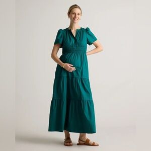Quince 100% Organic Cotton Poplin Maternity Tiered Maxi Dress Green M NWT